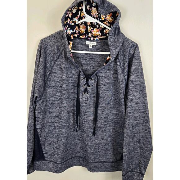 Vera Bradley Sz XL Oversized Blue Colorblock Cropped Pullover Hoodie Floral - Picture 1 of 9